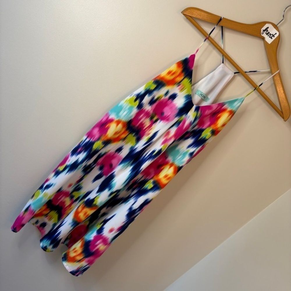 Karlie Multicolor Bright Abstract Floral Vibrant Spaghetti Dress Women's S Pink